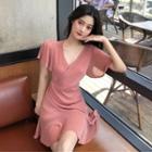 Short-sleeve V-neck Cutout-waist Mini Dress