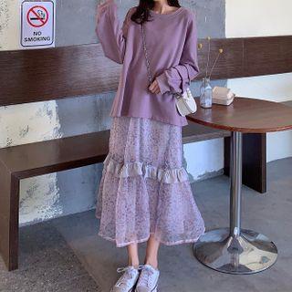 Plain Pullover / Floral Print A-line Midi Skirt