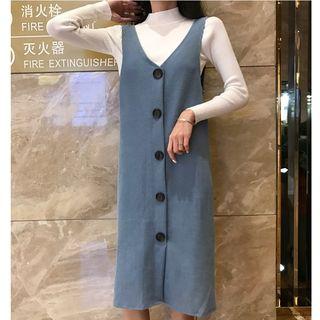 Mock Turtleneck Knit Top / Midi V-neck Pinafore Dress