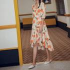 3/4-sleeve Floral Print Frill Trim A-line Midi Dress