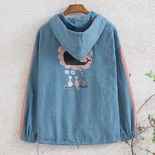 Cat Print Contrast-trim Hooded Denim Jacket