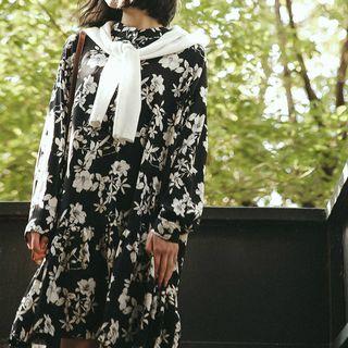 Floral Print Ruffle Hem Long-sleeve Dress
