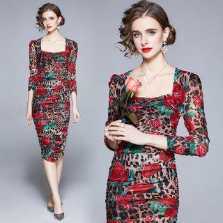 3/4-sleeve Flower Print Sheath Dress