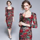 3/4-sleeve Flower Print Sheath Dress