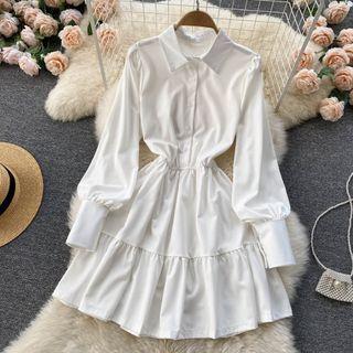 Plain Lapel Puff-sleeve Dress