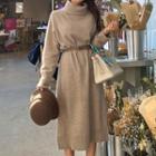 Turtleneck Midi A-line Sweater Dress Khaki - One Size