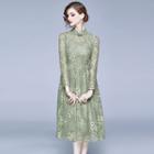 Mandarin Collar Long-sleeve A-line Midi Lace Dress