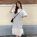 Mock Two Piece Plaid Long Strap Dress As Shown In Figure - One Size