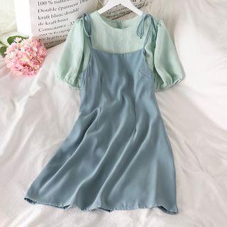 Plain Short-sleeve Blouse / Tie-strap Mini A-line Dress
