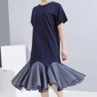 Short-sleeve Gingham Godet Midi T-shirt Dress