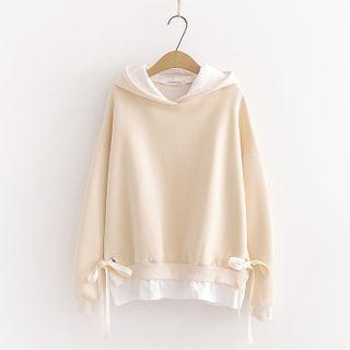 Mock Two Piece Hoodie Fleece Lining - Beige - One Size