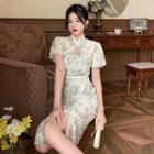 Short-sleeve Floral Print Split Mini Qipao