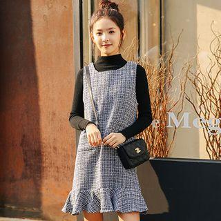 Sleeveless Loose-fit Crewneck Gingham Woolen Mermaid Dress