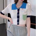 Short-sleeve Button-up Knit Top Almond - One Size