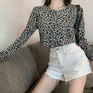 Leopard Print Long-sleeve Cropped T-shirt