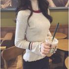 Bell-sleeve Striped Ribbed Knit Top