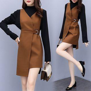 Set: Mock Turtleneck Long-sleeve Top + V-neck Mini Pinafore Dress