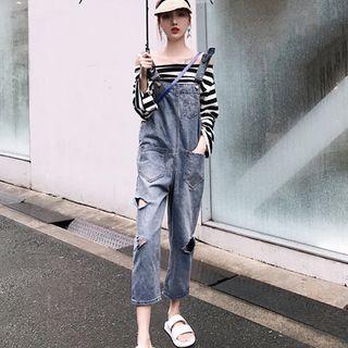 Denim Dungaree / Long-sleeve Striped T-shirt