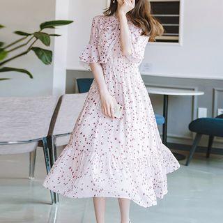 Dotted Elbow Sleeve Midi Chiffon Dress