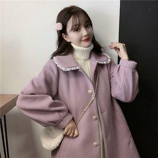 Plain Peter-pan Collar Single-breasted Loose-fit Long-sleeve Coat Purple - One Size
