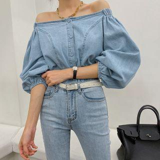 Off-shoulder Denim Blouse Light Blue - One Size
