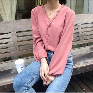 Puff-sleeve V-neck Lace Trim Blouse