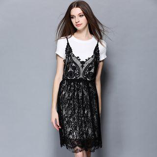 Set: Short-sleeve T-shirt + Spaghetti Strap Lace Dress