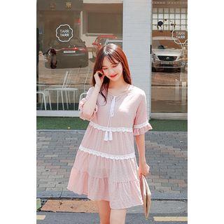 Elbow-sleeve Lace-trim Tiered Dress