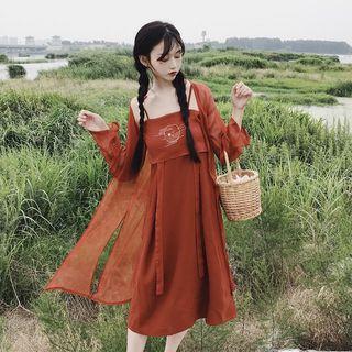 Set: Embroidered Sleeveless Dress + Light Jacket