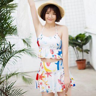 Set: Print Halter Tankini + Lace Top