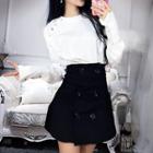 Plain Long Sleeve Blouse / Double Breasted A-line Skirt