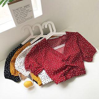 Puff-sleeve Polka Dot Crinkled Cropped Chiffon Top