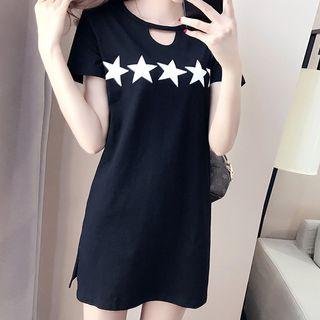 Set: Printed Short-sleeve T-shirt Dress + Mesh Pleated Skirt