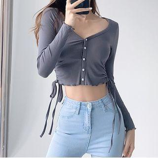 Drawstring-side Button-up Crop Knit Top
