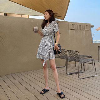 Shawl-collar Foliage Wrap Dress