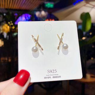 Cross Rhinestone Faux Pearl Earring 1 Pair - E0434 - Gold - One Size