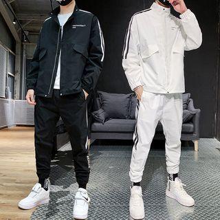Set: Lettering Stripe-side Zip Jacket + Sweatpants