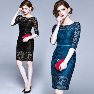 Elbow-sleeve Belted Sheath Lace Dress