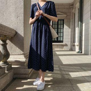 Short Sleeve Heart Print V-neck A-line Dress