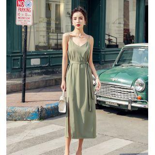 Slit-hem Spaghetti-strap V-neck Chiffon Dress