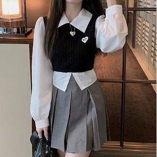 Mock Two-piece Cropped Blouse / Pleated Mini A-line Skirt