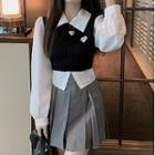 Mock Two-piece Cropped Blouse / Pleated Mini A-line Skirt