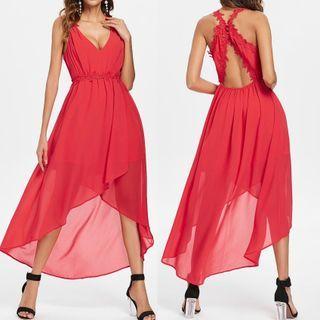 Open Back Lace Trim Asymmetrical Midi A-line Dress