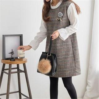 Frilled-neck Contrast-sleeve Glen-plaid Dress