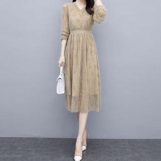 Long-sleeve V-neck Mesh Overlay Midi Dress
