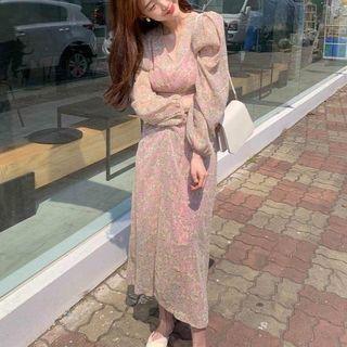 Floral Long-sleeve Shirred Midi Sheath Dress
