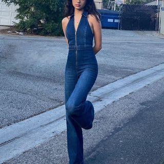 Halter Denim Bootcut Jumpsuit