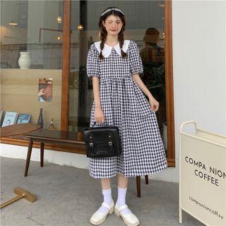Short-sleeve Gingham Midi A-line Dress Plaid - Black & White - One Size