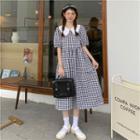 Short-sleeve Gingham Midi A-line Dress Plaid - Black & White - One Size