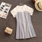 Set: Plain Short-sleeve Blouse + Lace Trim Mini Pinafore Dress